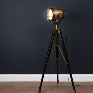 Brass And Black Industrial Spotlight Tripod Lamp-Hills Interior-Luxe Interior