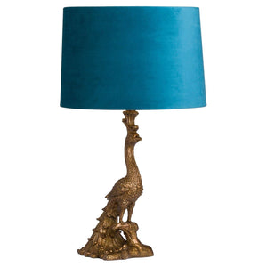 Antique Gold Peacock Lamp With Teal Velvet Shade-Hills Interior-Luxe Interior